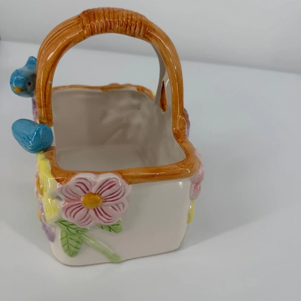 Teleflora Floral Basket Planter Blue Birds Multicolor Ceramic Spring Cottagecore